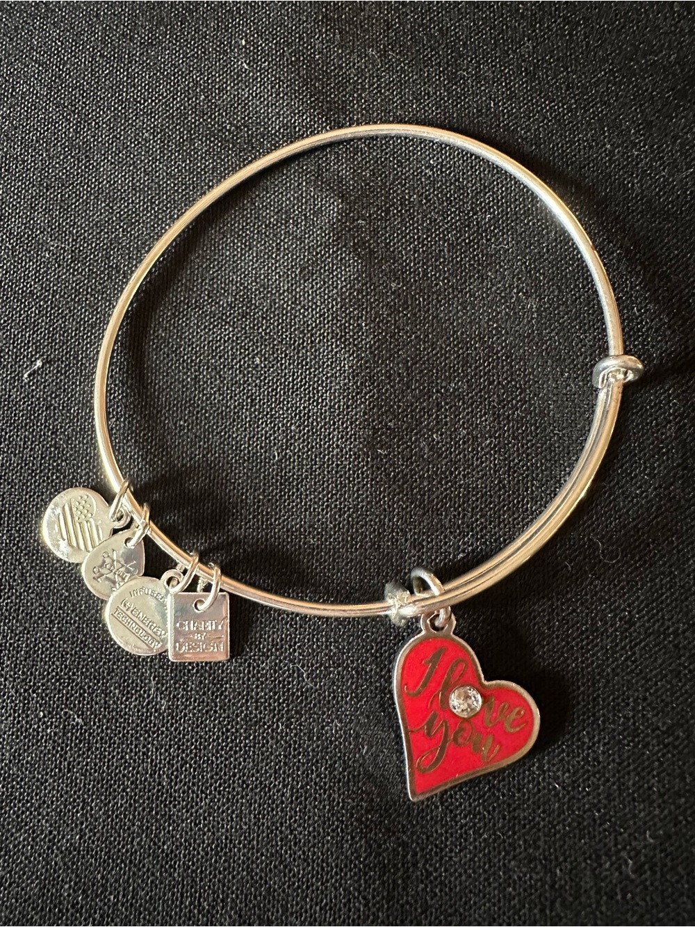 Alex and Ani Silver Bangle with Red Heart 'Love You' Charm